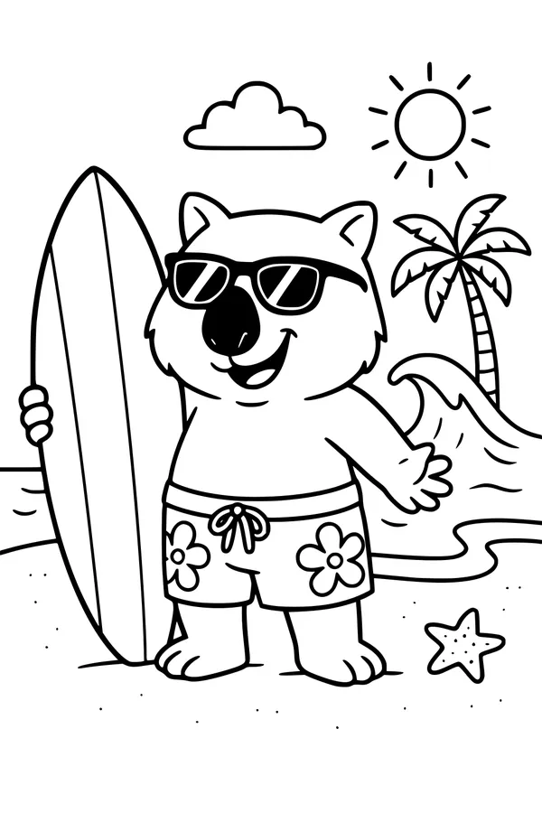 Free Wombat Coloring Page - Cool Surfer At Sunny Beach (Printable PDF)