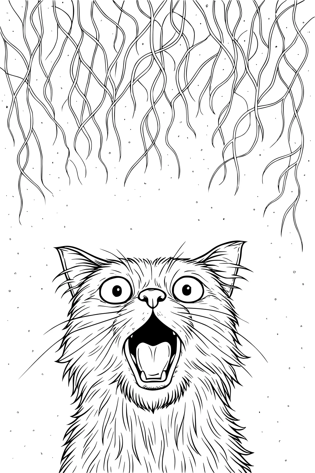 Wide-eyed fluffy cat with open mouth, looking up at dangling wavy strings overhead, surrounded by small dots.
