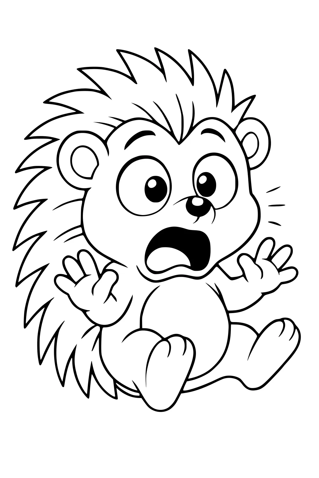 Cartoon hedgehog with raised paws, wide eyes, open mouth, and spiky quills, looking surprised.