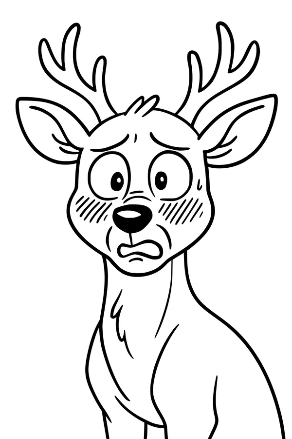 Free Deer Coloring Page - Surprised Cartoon Deer With Big Antlers (Printable PDF)