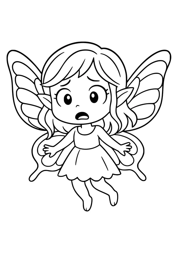 Free Fairy Coloring Page - Surprised Fairy Mid-Flight (Printable PDF)