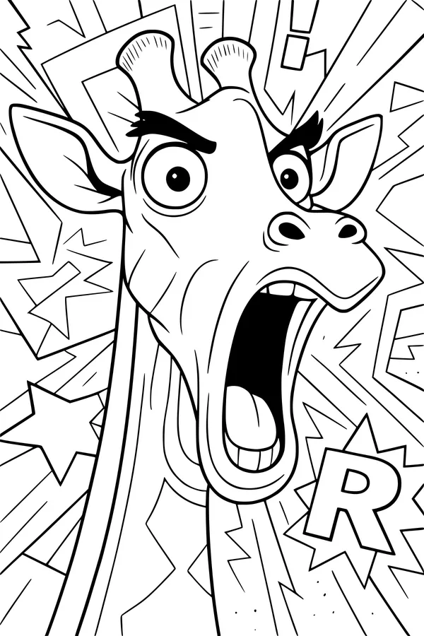Free Giraffe Coloring Page - Surprised Cartoon Giraffe With Star Bursts (Printable PDF)