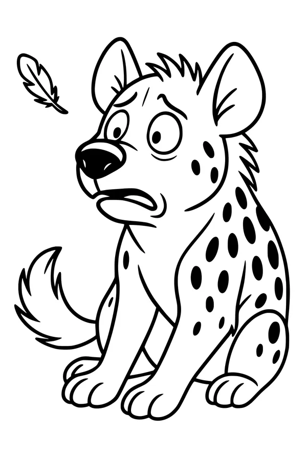 Free Hyena Coloring Page - Surprised Pup With Floating Feather (Printable PDF)