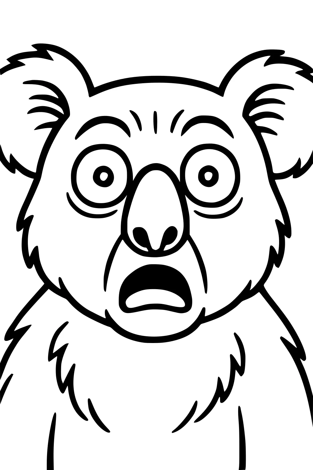 Cartoon koala face with surprised eyes, round ears, open mouth, and fuzzy fur, shown from the chest up.