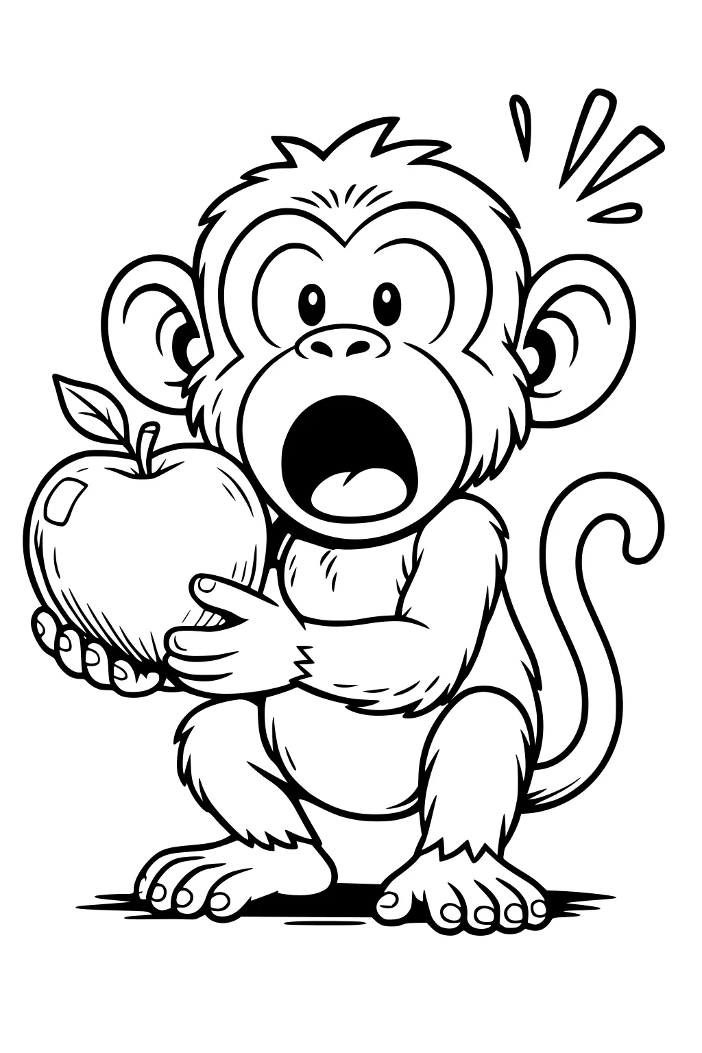 Cartoon monkey sitting and holding a big apple, looking surprised with mouth open and eyebrows raised.