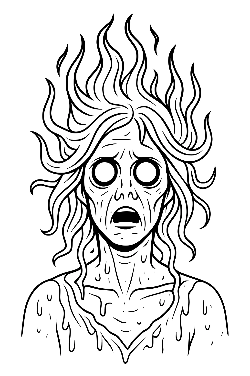 Cartoon girl zombie with blank eyes, open mouth, wild wavy hair, and dripping shirt in bold outline on a plain white background.