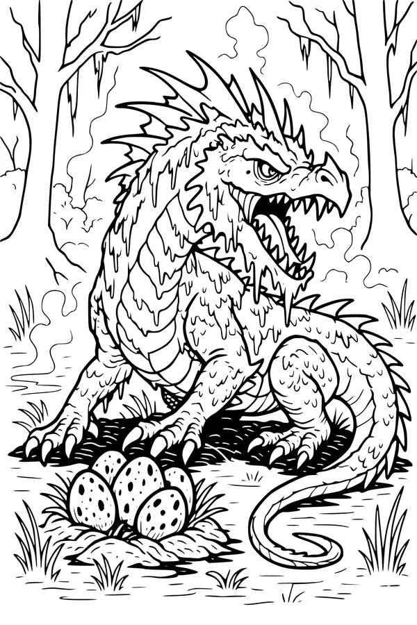 Free Dragon Coloring Page - Swamp Guardian With Speckled Eggs (Printable PDF)