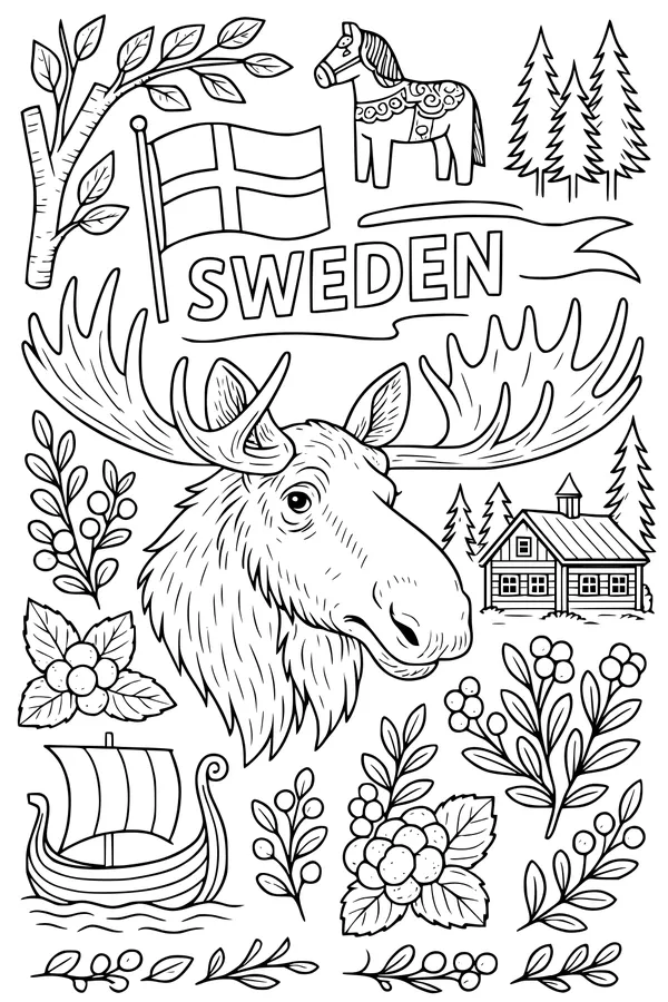 Free Moose Coloring Page - Swedish Forest Adventure Scene (Printable PDF)