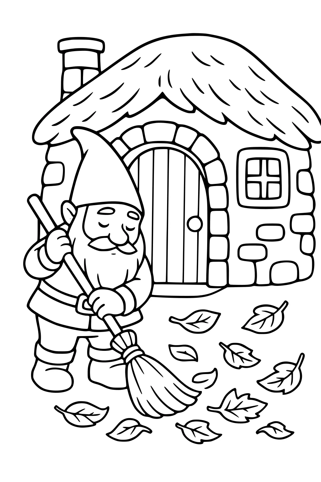 Gnome with pointed hat sweeping leaves outside a stone cottage with thatched roof, chimney, arched door, and small window.