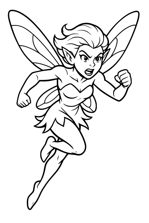 Free Fairy Coloring Page - Brave Flying Elf Girl in Action Pose (Printable PDF)
