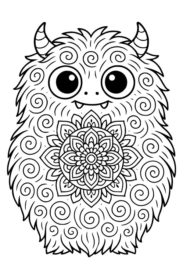 Free Monster Coloring Page - Furry Swirl-Belly Creature With Mandala Pattern (Printable PDF)