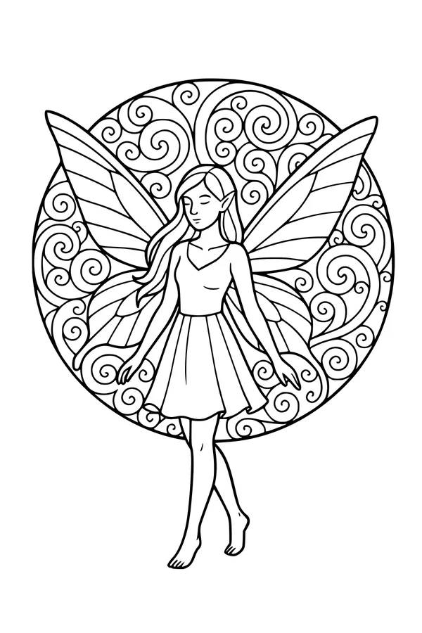 Free Fairy Coloring Page - Calm Winged Girl Before Swirl Mandala (Printable PDF)