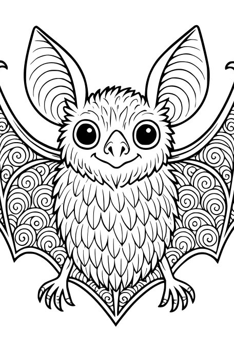 Free Bat Coloring Page - Cute Cartoon Bat With Swirly Patterned Wings (Printable PDF)