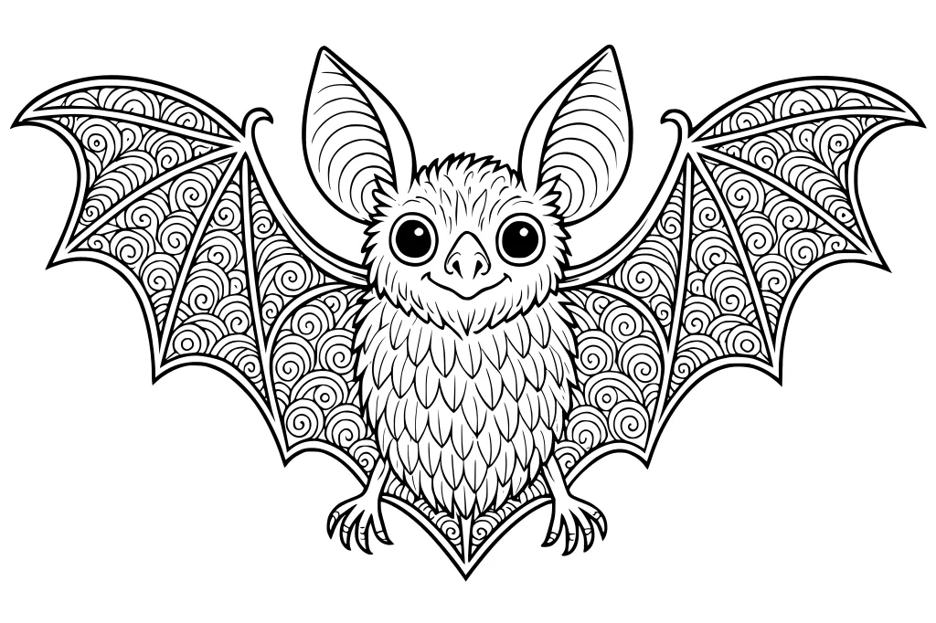 Cartoon bat with large ears, fluffy body, big eyes, and wings decorated with detailed swirl patterns.