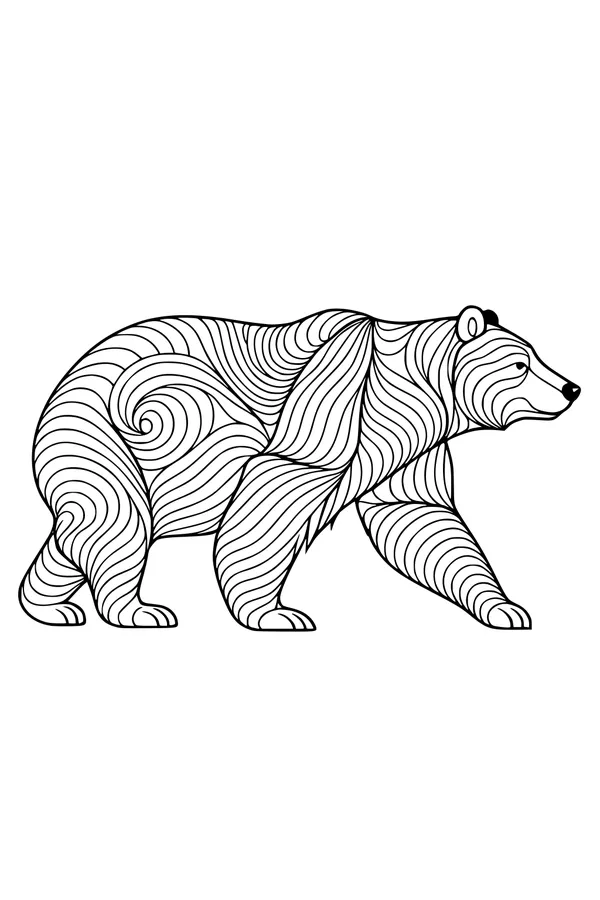 Free Bear Coloring Page - Swirly Patterned Bear Walking (Printable PDF)