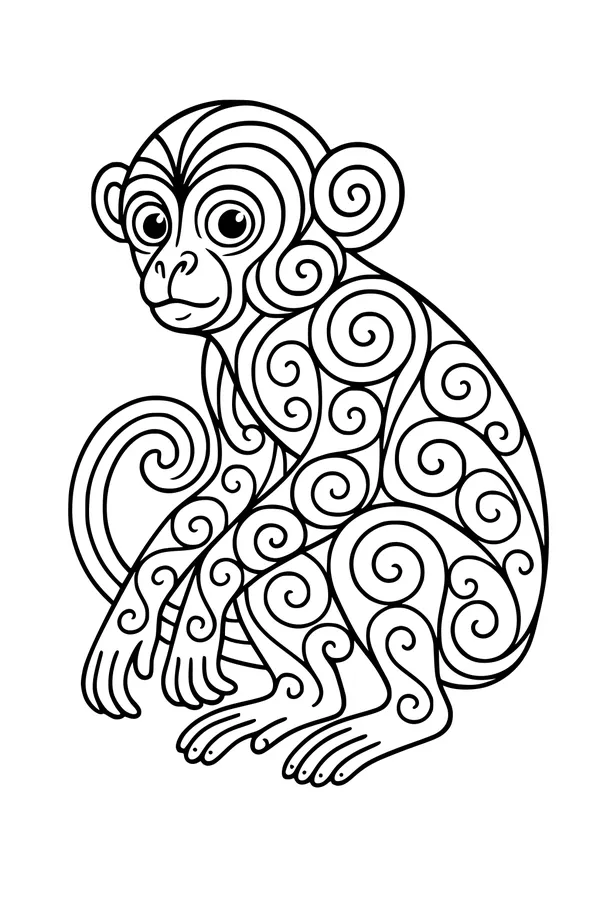 Free Monkey Coloring Page - Swirly Jungle Monkey Sitting (Printable PDF)