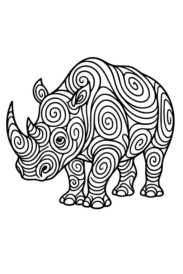Free Rhinoceros Coloring Page - Swirly Patterned Rhino Design (Printable PDF)