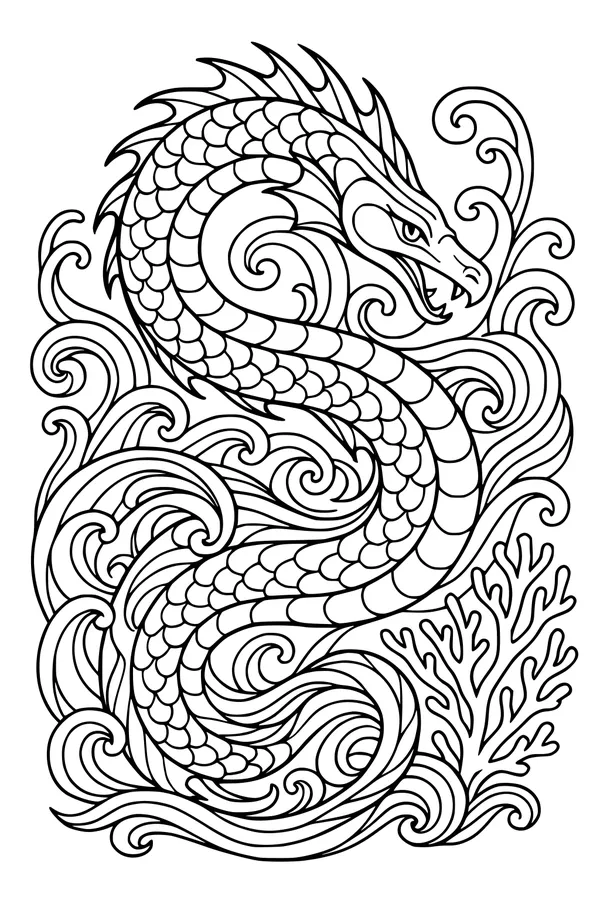 Free Sea Serpent Coloring Page - Kraken Monster in Ocean Waves (Printable PDF)