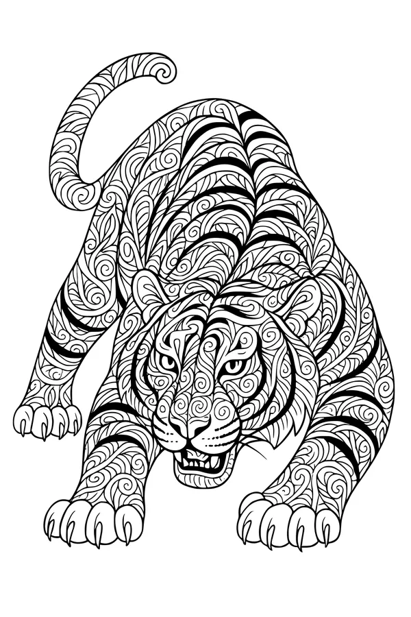 Free Tiger Coloring Page - Crouching Jungle Swirl Patterns (Printable PDF)