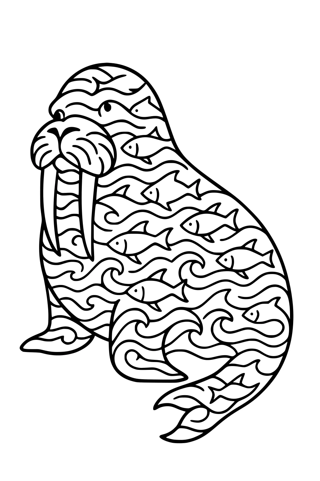 Walrus with long tusks, decorated with swirling ocean waves and small swimming fish covering its body.