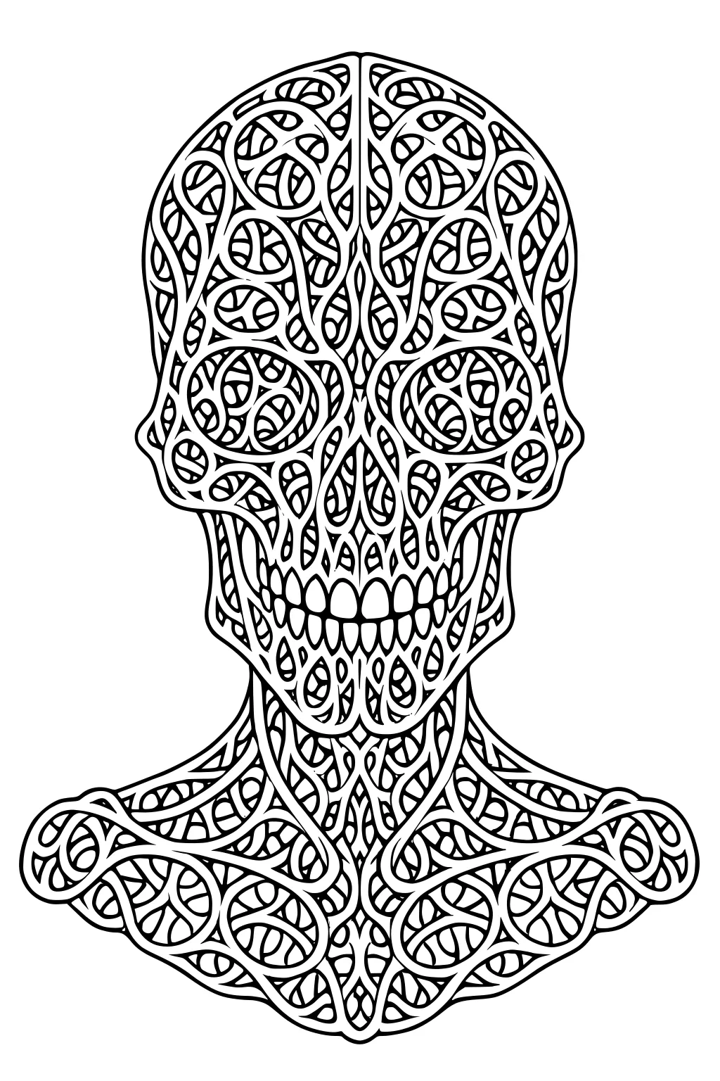 Intricate alien head with swirling line patterns, big oval eye shapes, toothy smile, and looping designs across neck and shoulders.