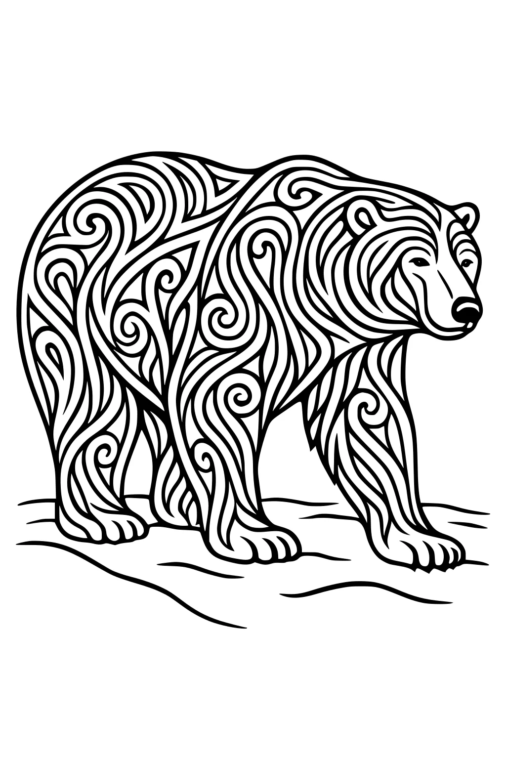 Polar bear with swirling patterned lines covering its body, walking on icy ground.