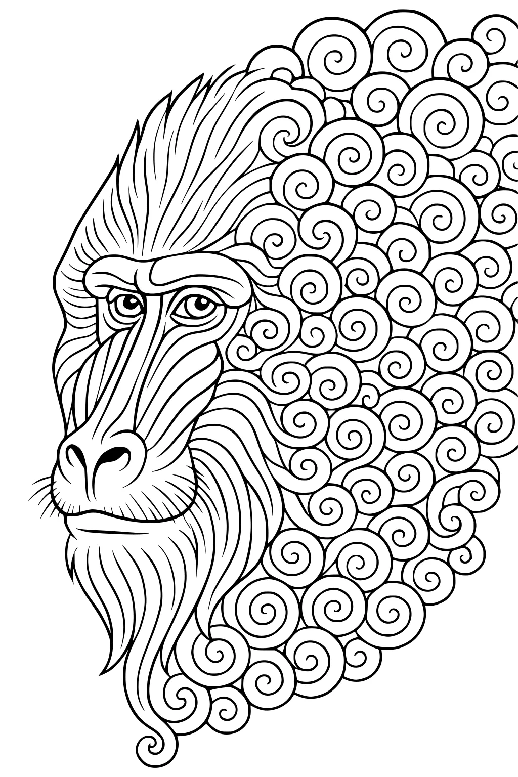 Baboon face with detailed striped fur and a large mane of swirling spiral shapes.