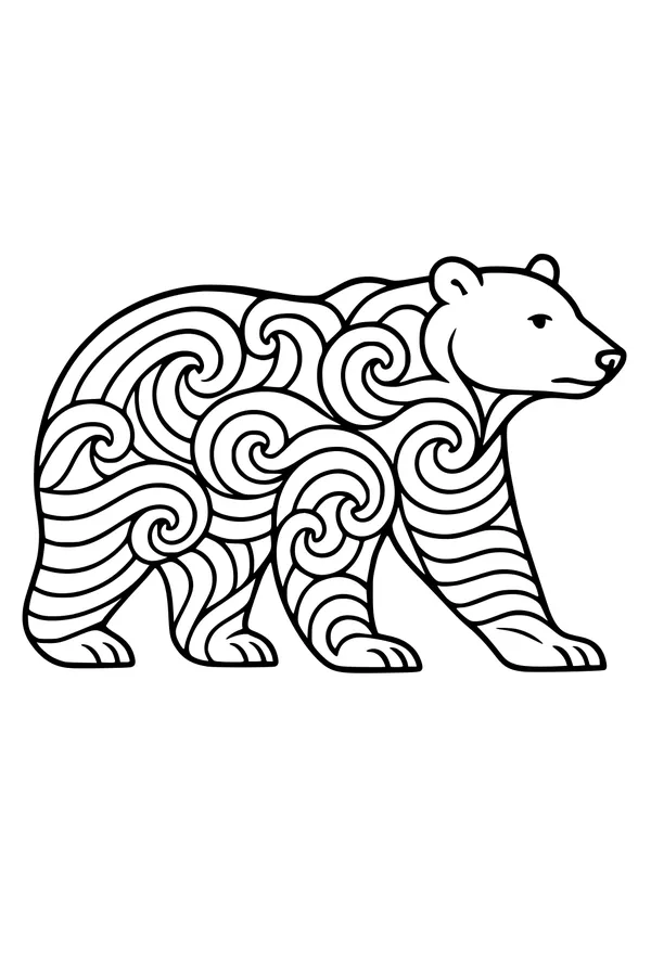 Free Bear Coloring Page - Swirly Patterned Forest Walk (Printable PDF)