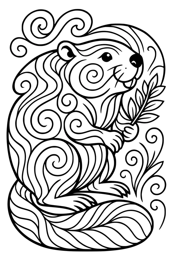 Free Beaver Coloring Page - Swirly Beaver With Leafy Twig (Printable PDF)
