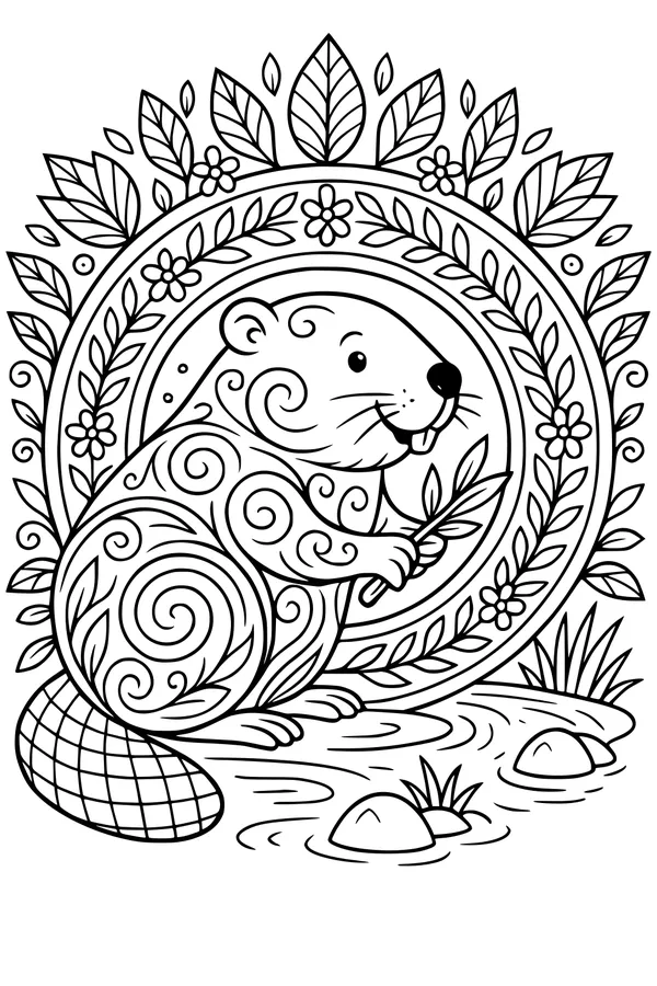 Free Beaver Coloring Page - Swirly Beaver by the Pond (Printable PDF)
