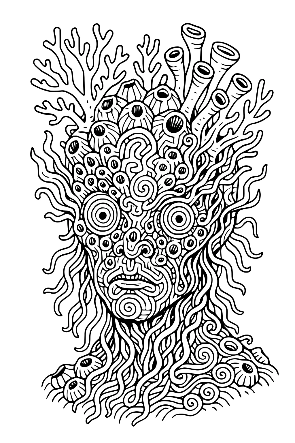 Alien face of spirals, big ringed eyes, wavy tentacle hair, coral branches, and tube stacks on top, drawn in bold black lines.