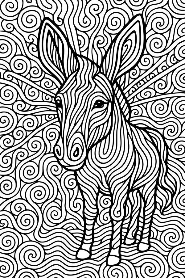 Free Donkey Coloring Page - Whimsical Swirly Pattern Design (Printable PDF)