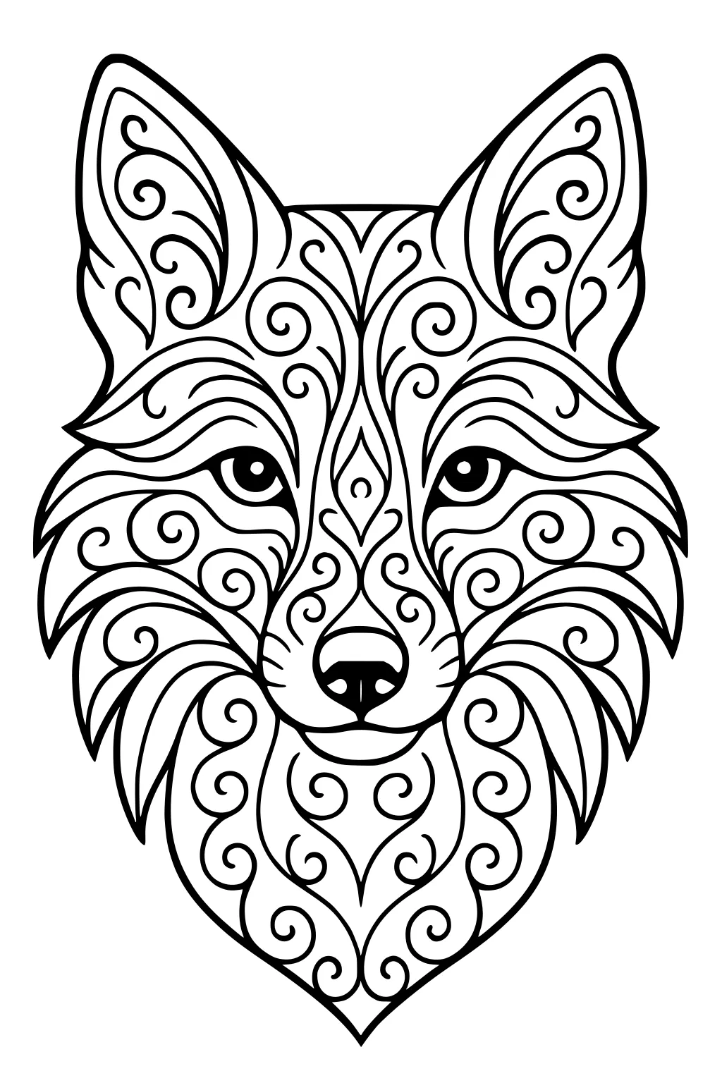Fox face with swirling lines and curly patterns filling the fur and ears in a symmetrical design.