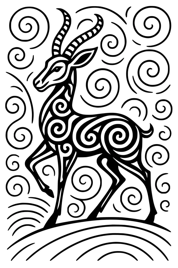 Free Gazelle Antelope Coloring Page - Stylized Swirly Hilltop Scene (Printable PDF)