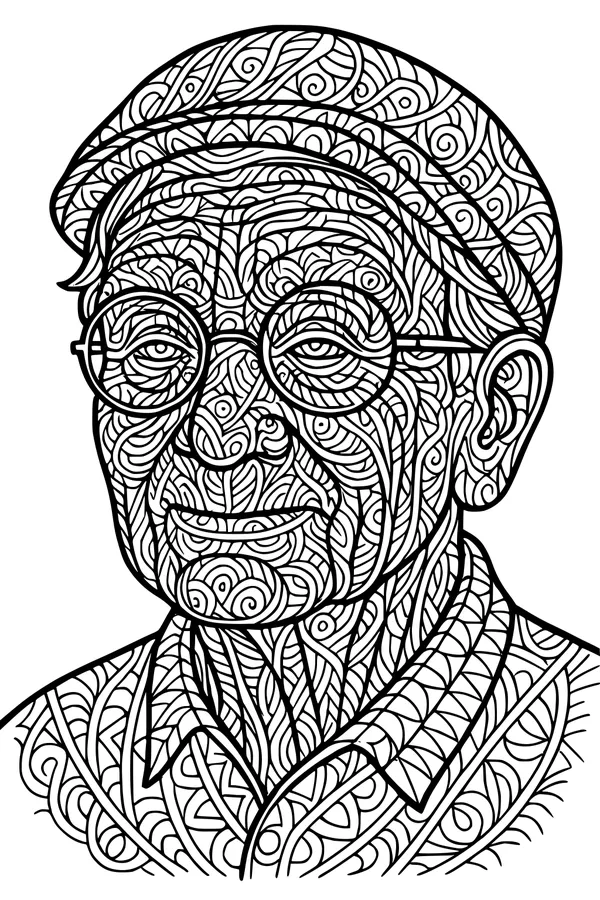 Free Grandfather Coloring Page - Elderly Grandpa Portrait With Swirly Patterns (Printable PDF)