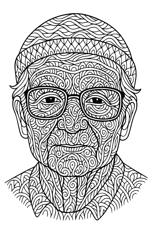 Free Grandpa Coloring Page - Zentangle Portrait With Swirly Glasses (Printable PDF)
