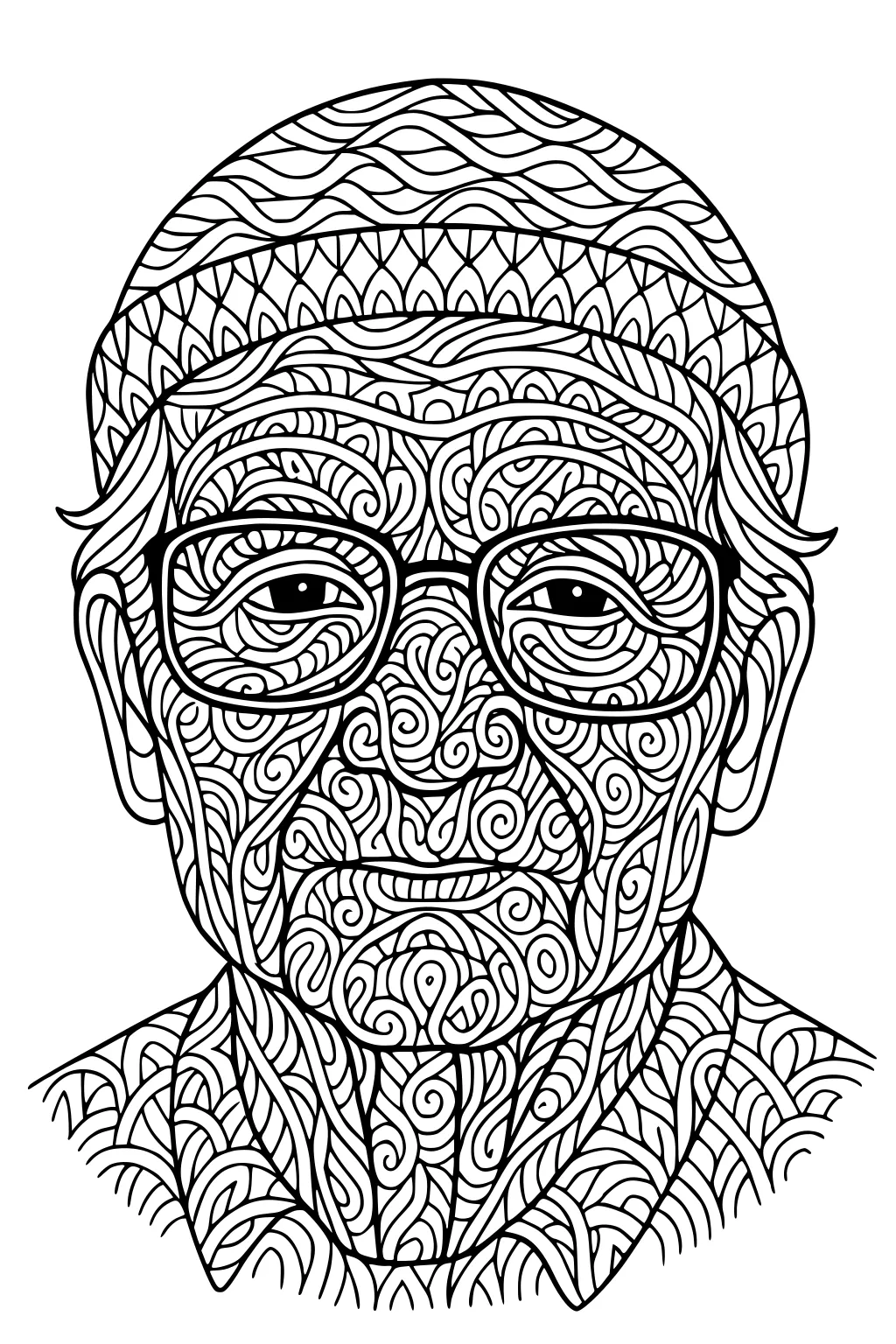 Elderly man in knit cap and glasses, detailed zentangle swirls shaping his face, ears, and shirt in a centered portrait line drawing.