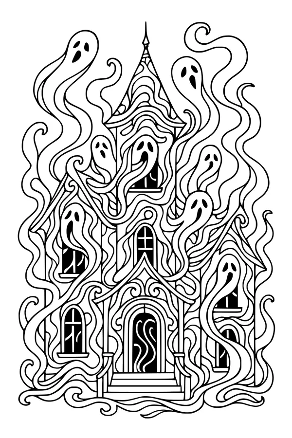 Free Haunted House Coloring Page - Swirling Ghosts and Spooky Tower (Printable PDF)