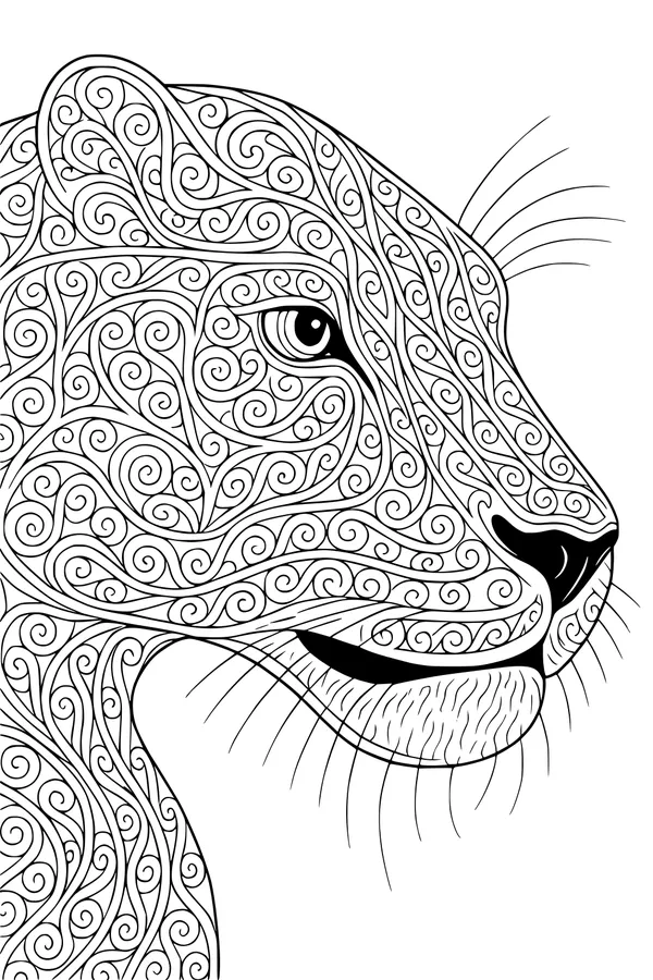 Free Jaguar Coloring Page - Swirling Jungle Portrait (Printable PDF)