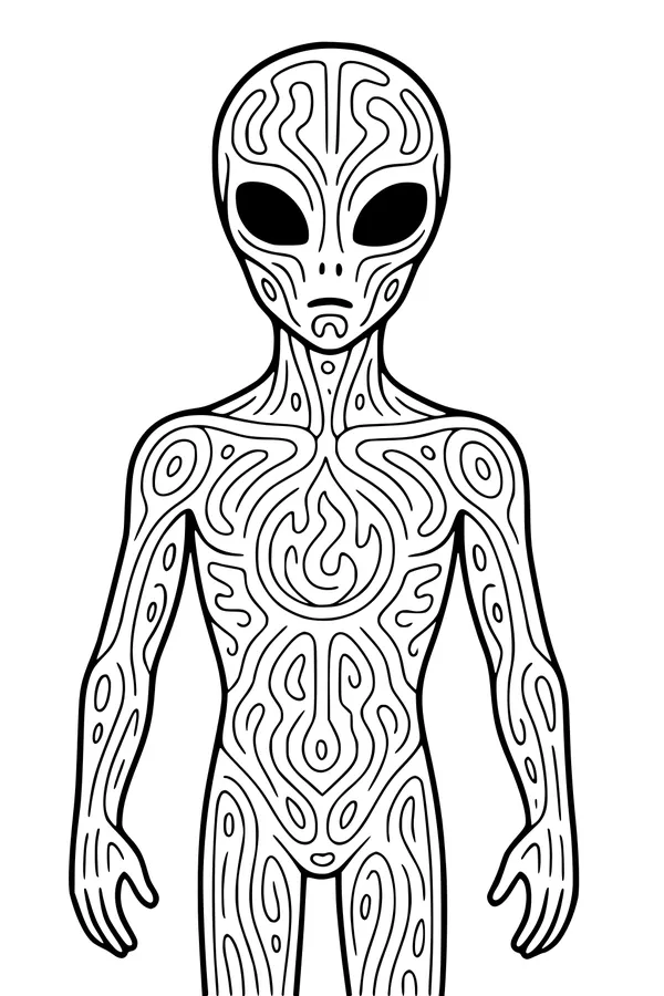 Free Alien Coloring Page - Swirly Extraterrestrial With Flame Chest (Printable PDF)