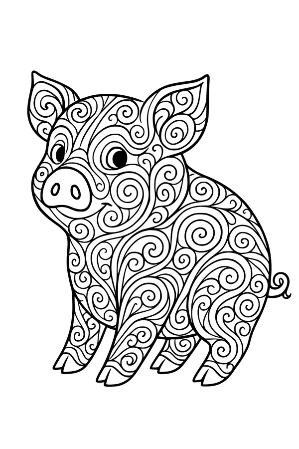 Free Piglet Coloring Page - Swirly Patterned Farm Friend (Printable PDF)