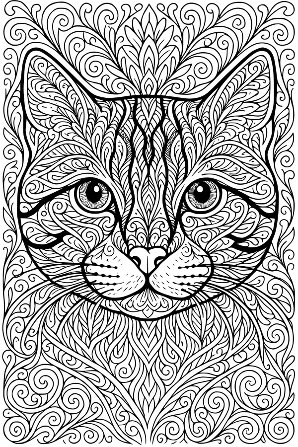 Free Cat Coloring Page - Intricate Swirly Whiskered Face (Printable PDF)