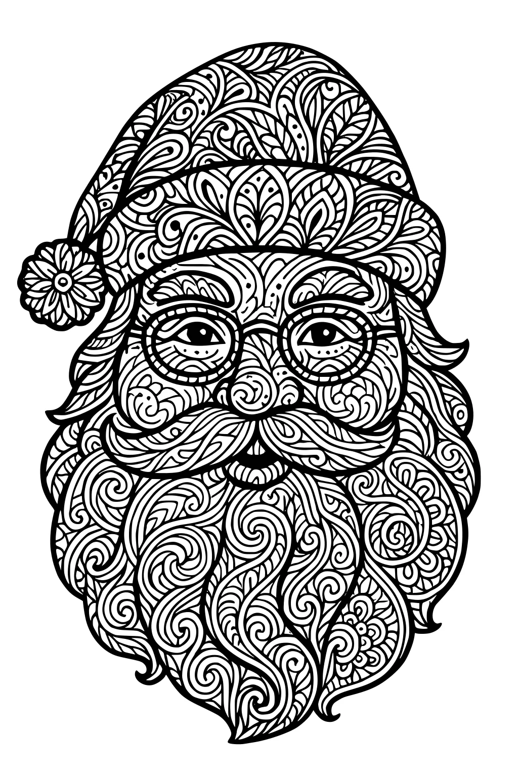 Detailed Santa face with round glasses, pom-pom hat, curling mustache, and a large beard filled with swirls, leaves, and dots.