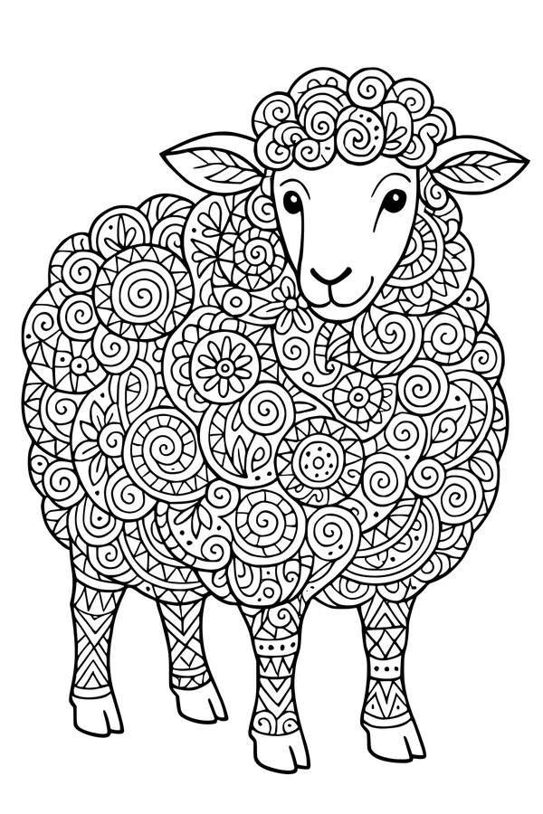 Free Sheep Coloring Page - Swirly Wool and Fancy Patterns (Printable PDF)