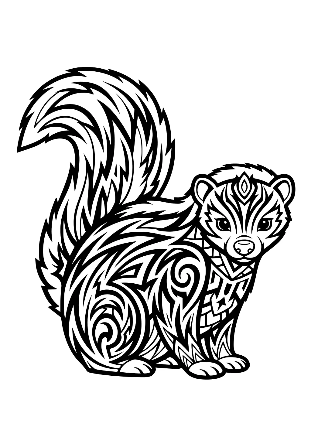 Skunk with big fluffy tail and tribal swirl patterns on fur and face.