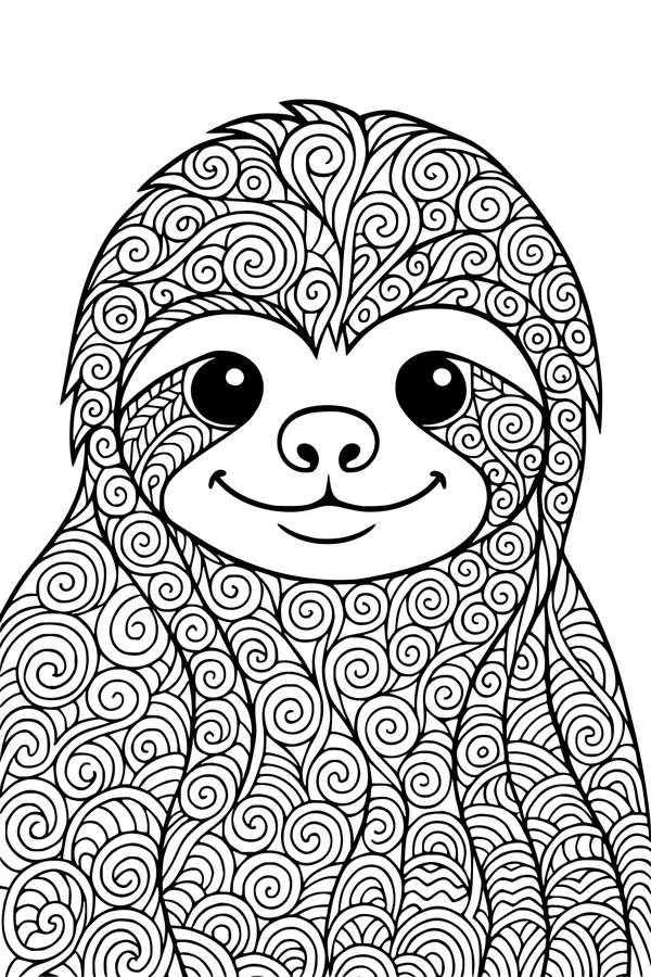 Free Sloth Coloring Page - Smiling Cartoon Sloth With Swirly Fur (Printable PDF)