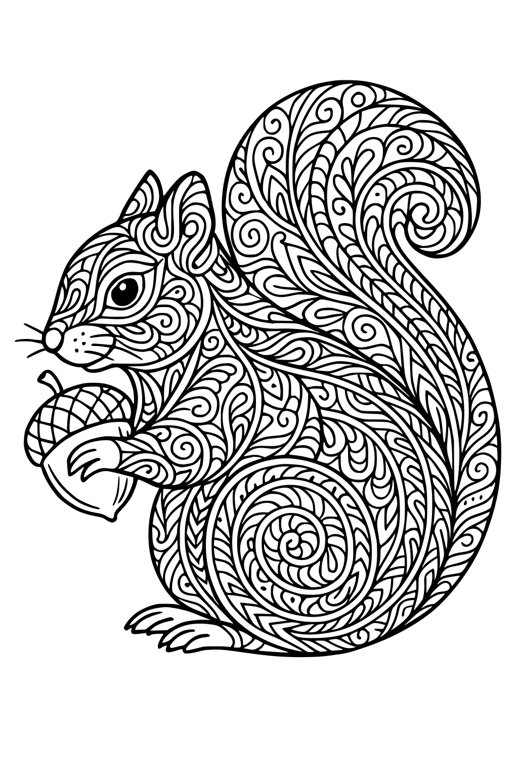 Squirrel with big patterned tail holding an acorn, covered in intricate swirly designs.
