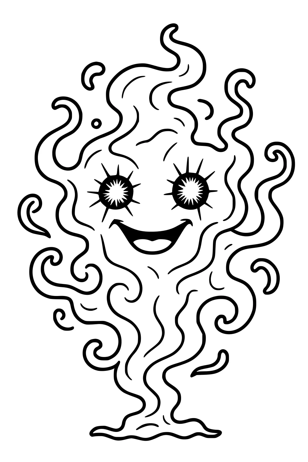 Smiling swirly alien with starburst eyes and curly vapor tendrils, floating above a puffy base in bold black line art.