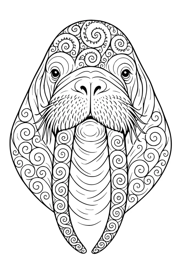 Free Walrus Coloring Page - Swirly Whiskers and Tusks (Printable PDF)