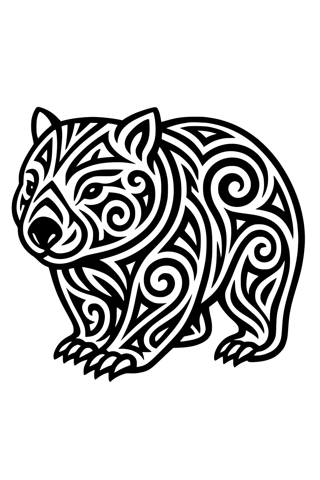 Stylized wombat with bold tribal swirl patterns, thick black outlines, small ears, big nose, short legs, and clawed paws.